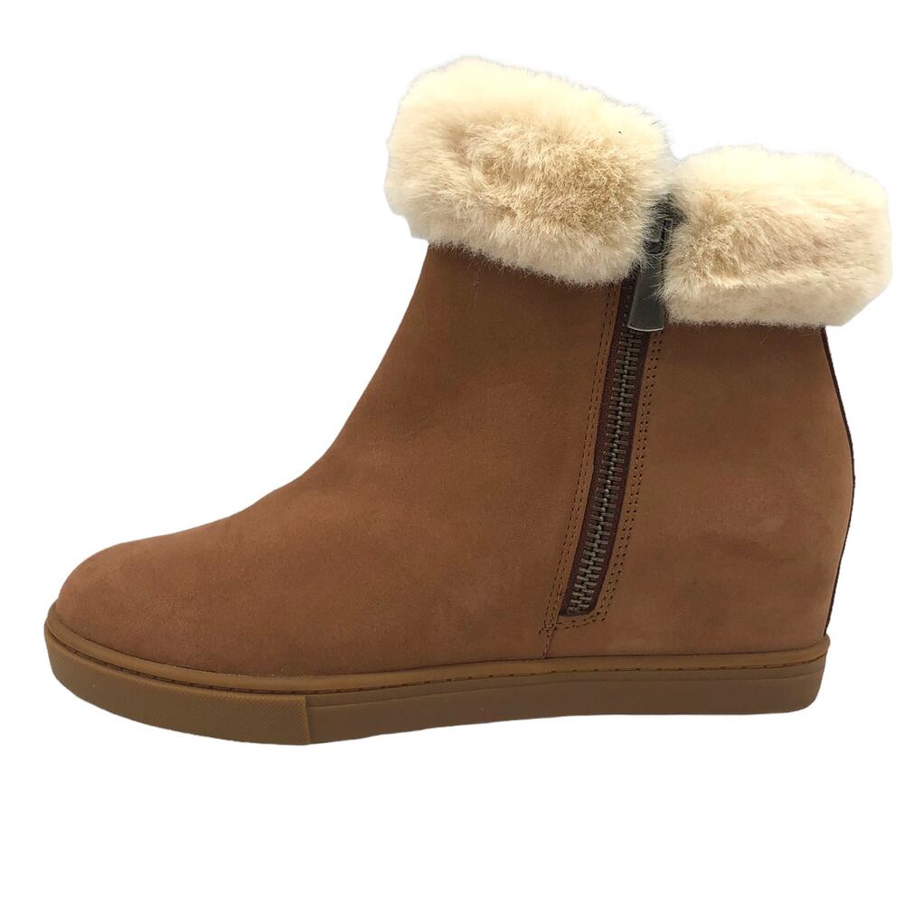 Linea Paolo Flossie Faux Fur Cuff Wedge Ankle Bootie Women's 6.5 Tan Suede NWB